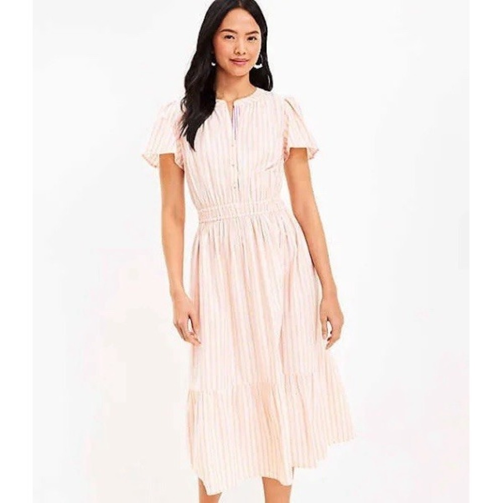 NWT Loft Stripe Smocked Waist Button‎ Midi Dress XL